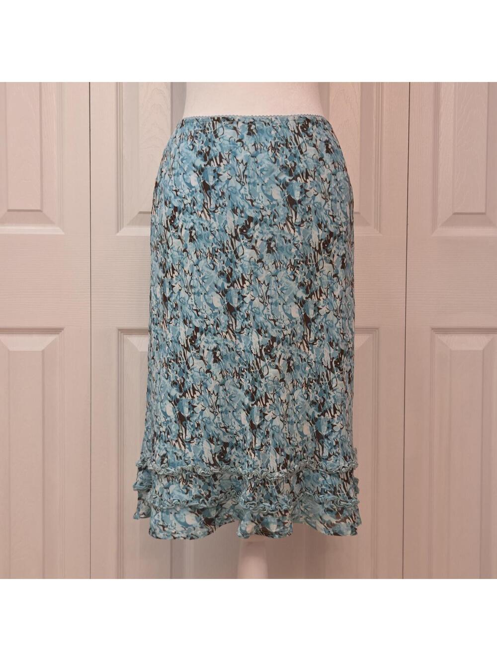 Blue Brown Abstract Floral Print Midi Skirt 10P (S/M) Y2K Indie Boho Ruffle Hem
